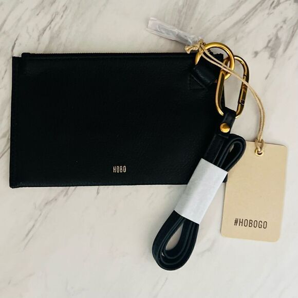 HOBO GO Tour Leather Zip Pouch‎ Bag, Wristlet, with Lanyard, Black/Gold, NWT - Picture 7 of 12